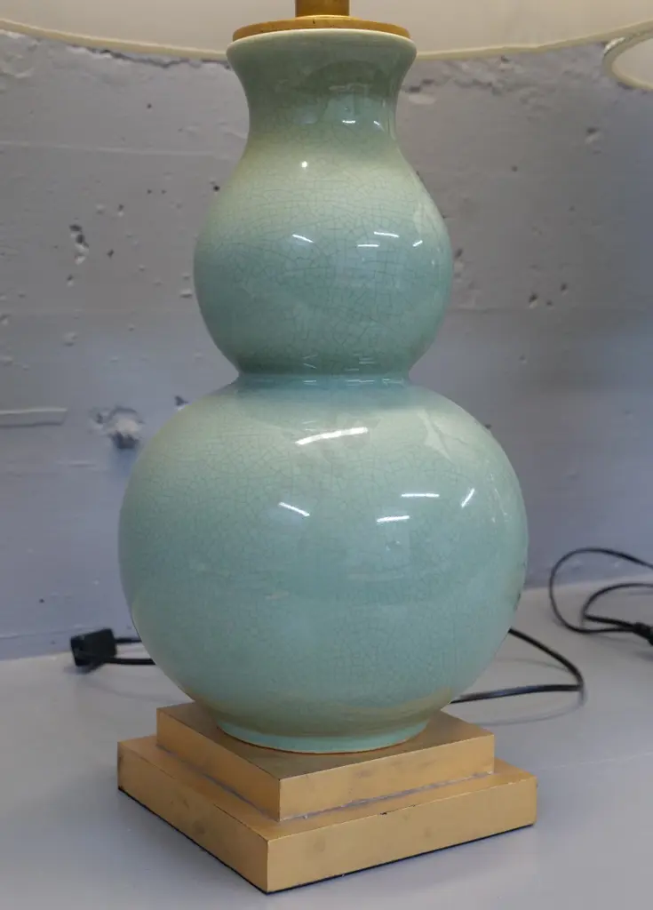 pair of large crackle-glaze porcelain table lamps on gilt finish composite base w/pleated shade H-900 Shade D-520 Image 1++