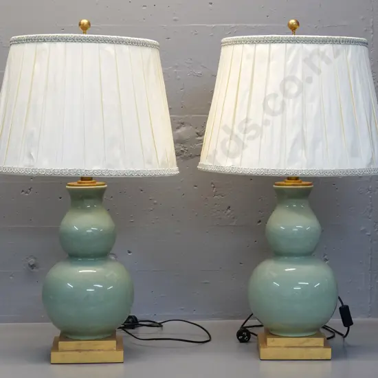 pair of large crackle-glaze porcelain table lamps on gilt finish composite base w/pleated shade H-900 Shade D-520