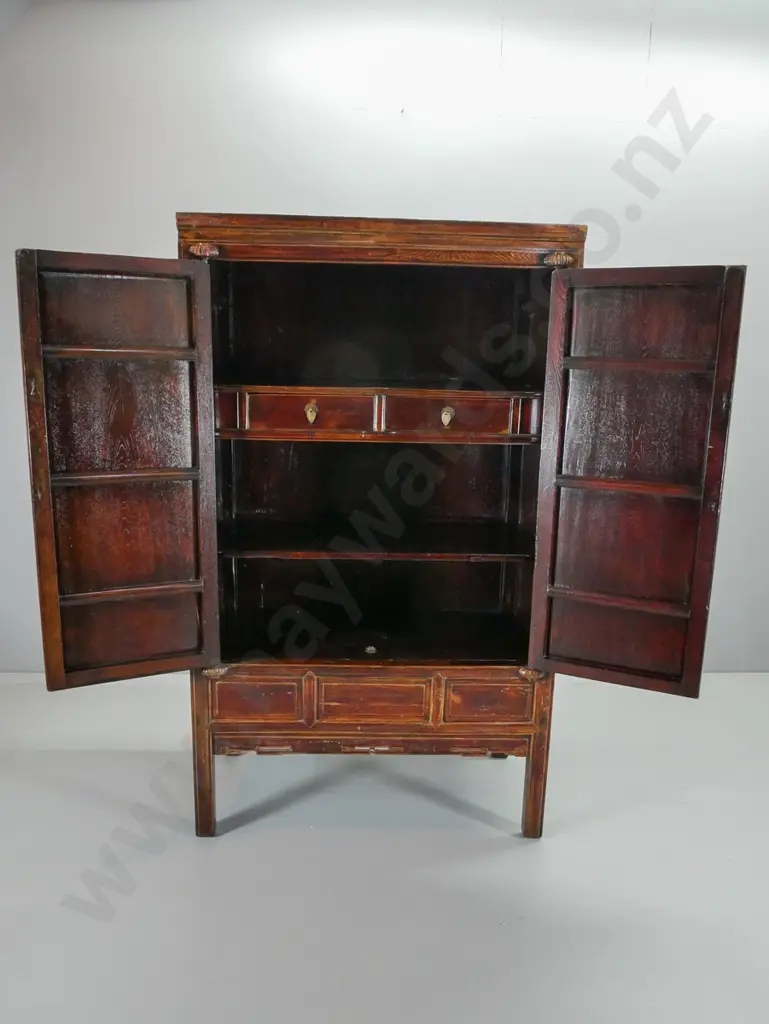 Chinese style elm wedding cabinet, purchased in Singapore. Carved bird & blossom motifs, brass fittings H1810 W1070 D610 Image 1++