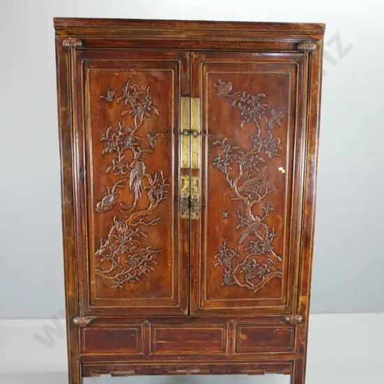 Chinese style elm wedding cabinet, purchased in Singapore. Carved bird & blossom motifs, brass fittings H1810 W1070 D610