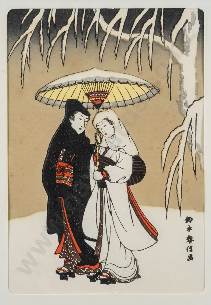 framed Japanese woodblock print - people under umbrella (very slight foxing) H-140 W-100 Image 1++