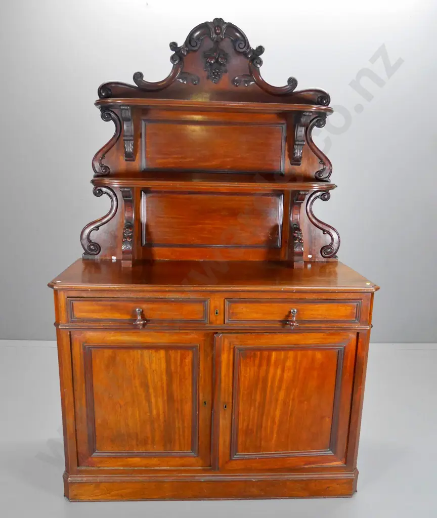 Victorian walnut sideboard w/ timber drop handles, shelf top, lifting veneer, splits to sides H2000 W1280 D520 Image 1++