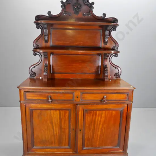 Victorian walnut sideboard w/ timber drop handles, shelf top, lifting veneer, splits to sides H2000 W1280 D520