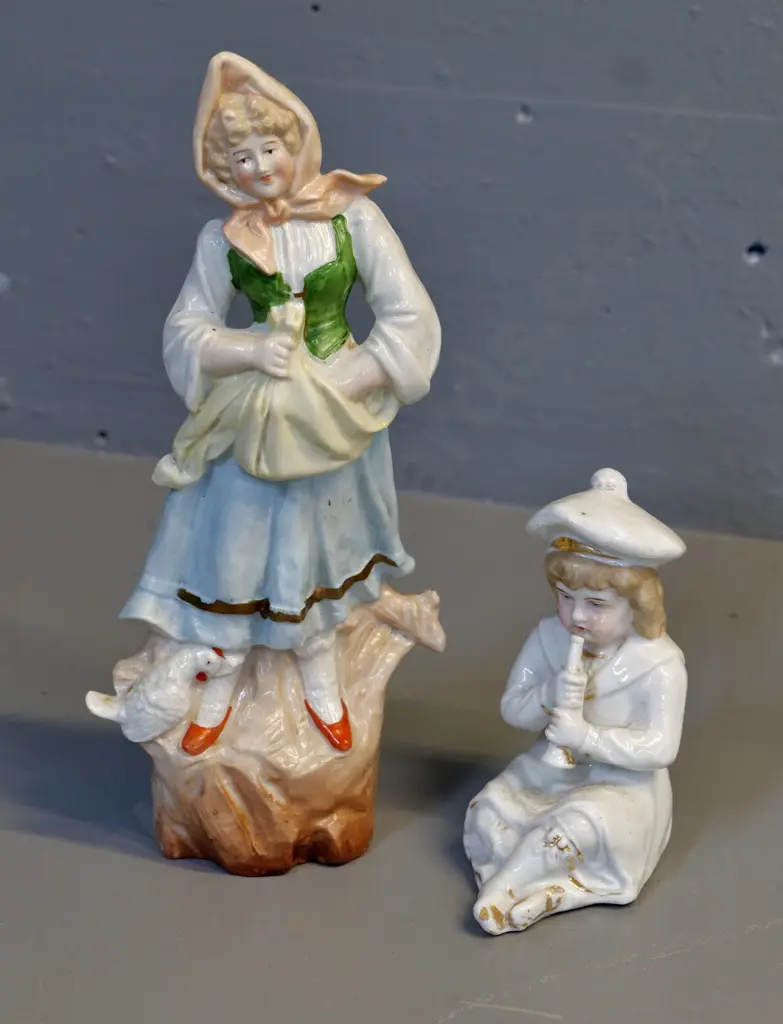 2 vintage figurines, no maker's marks - girl with hens H-250 and boy playing musical instrument Image 1++
