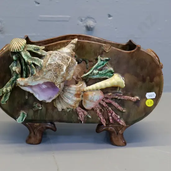 (Milton potteries?) trough vase with seashells - sounds cracked, has repairs, loose shell H-200 W-310 D-110
