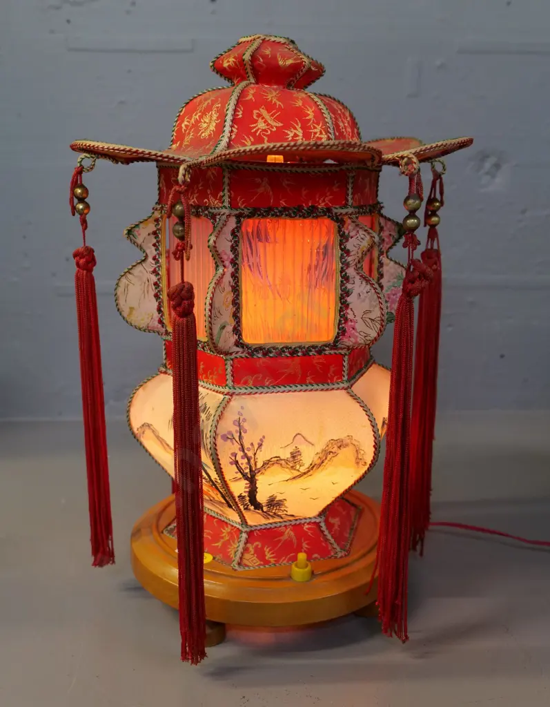 ornate Chinese lantern style table lamp with spinning interior bird figure screen, on wooden base H400 D270 Image 1++