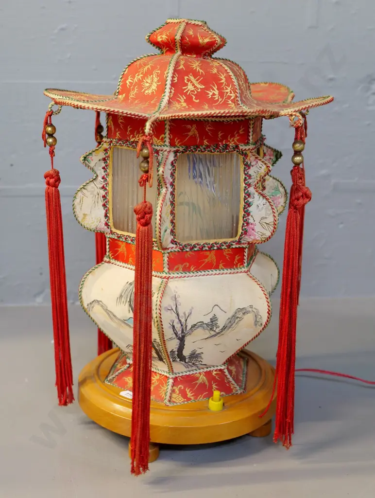 ornate Chinese lantern style table lamp with spinning interior bird figure screen, on wooden base H400 D270 Image 1++