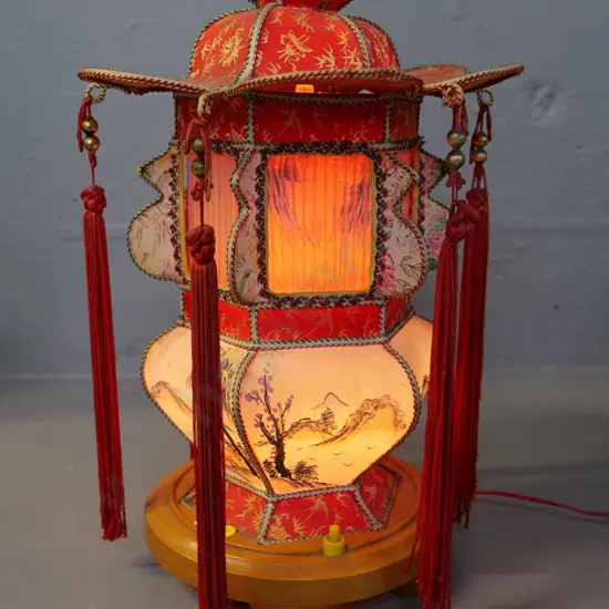 ornate Chinese lantern style table lamp with spinning interior bird figure screen, on wooden base H400 D270