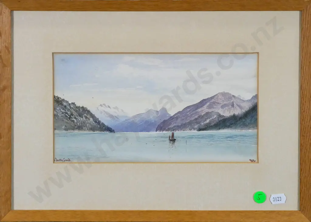 WH (WM Hodgkins attrib) - framed watercolour - "Dusky Sound"  (slight foxing) H-125 W-230 Image 1++
