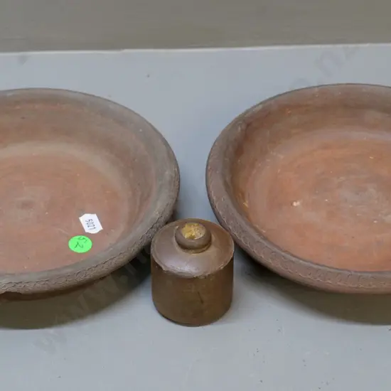 2 unglazed stoneware plant pot bases D-190 and a small ink bottle, no maker's marks