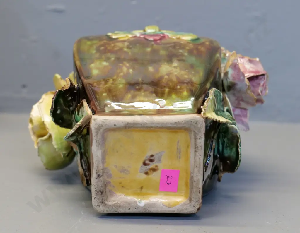 (Milton potteries?) majolica vase with ceramic hail and flowers - some chips to petals H-220 Image 1++