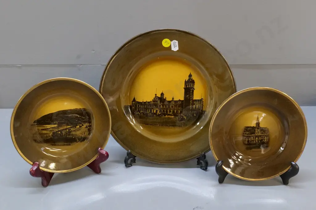 3 pieces Ridgways vista ware Dunedin scenes - Exchange, railway station St. Clair beach - largest plate D-230 Image 1++