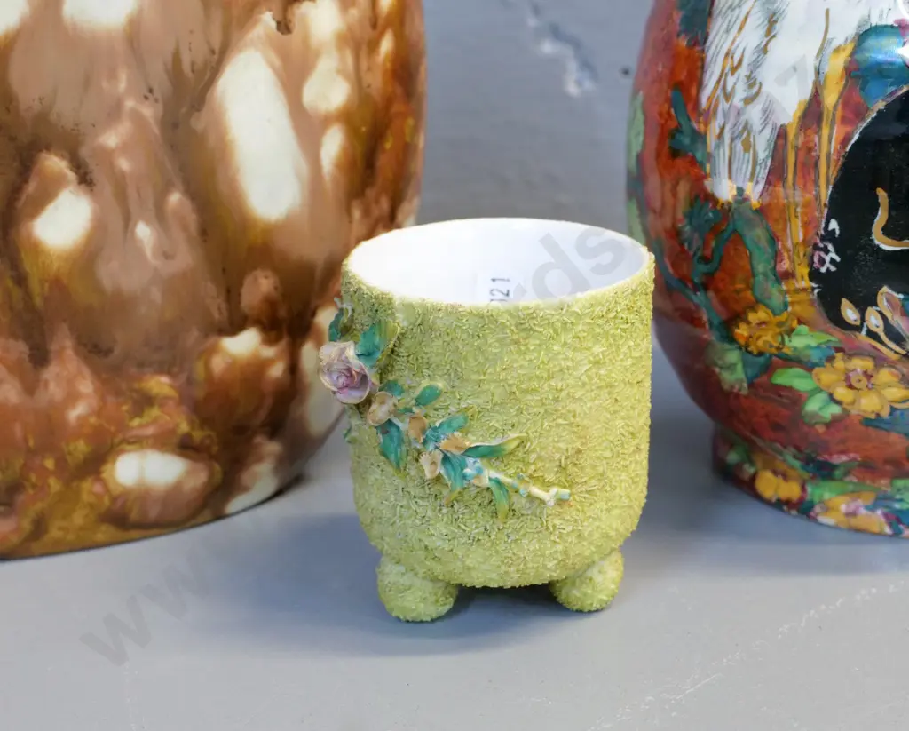 Grimwades lustre bird jug H-220, a mottled brown hand-potted vase and a small (Milton?) pot Image 1++