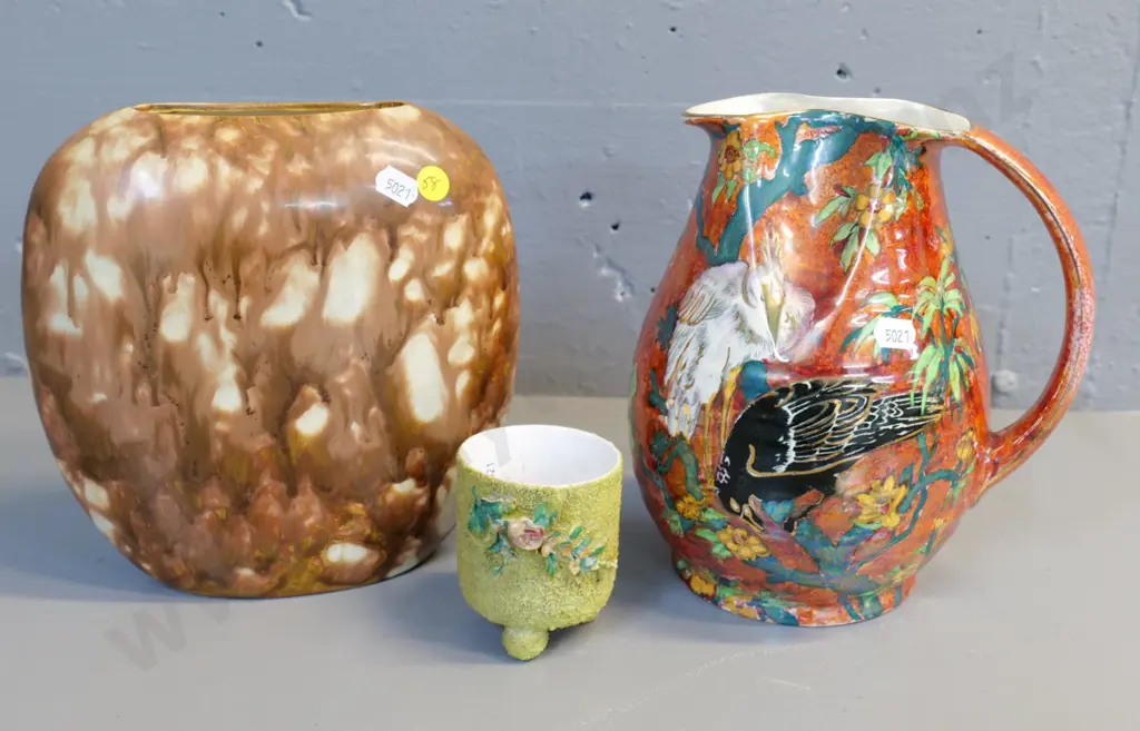 Grimwades lustre bird jug H-220, a mottled brown hand-potted vase and a small (Milton?) pot Image 1++