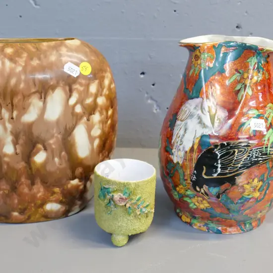Grimwades lustre bird jug H-220, a mottled brown hand-potted vase and a small (Milton?) pot