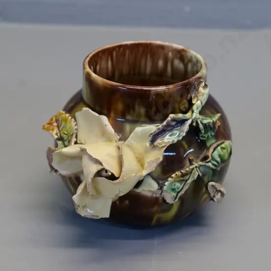 (Milton potteries?) majolica bud vase with applique flowers AF - damage to flowers H-100