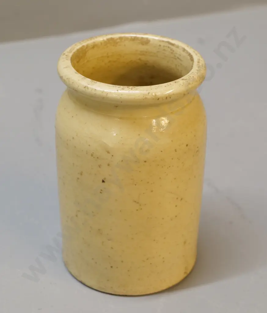 ceramic jam jar, stamped Milton Pottery, has some fine writing towards base, condition very good, Image 1++
