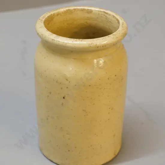 ceramic jam jar, stamped Milton Pottery, has some fine writing towards base, condition very good,