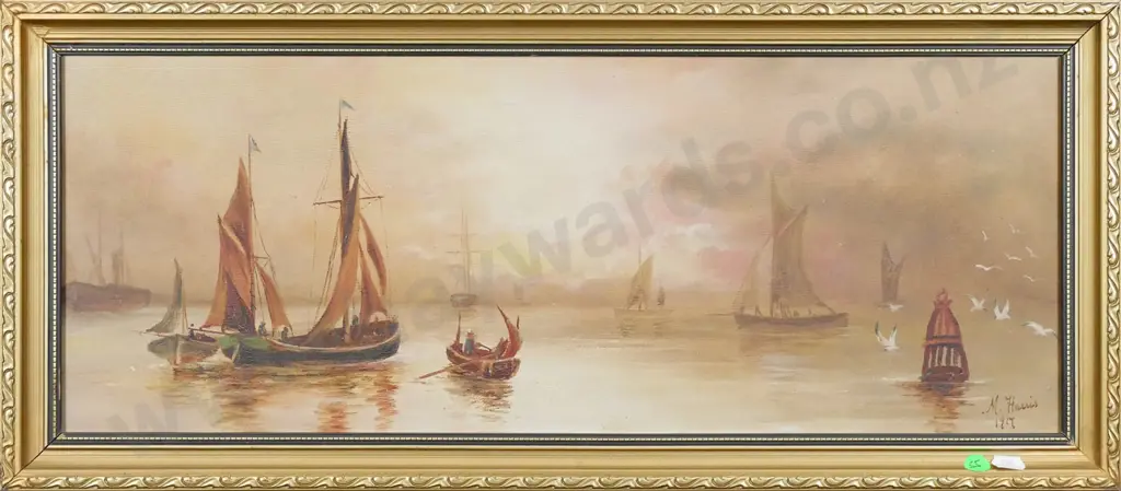 M Harris 1917 - framed oil - boat scene H-200 W-530 Image 1++
