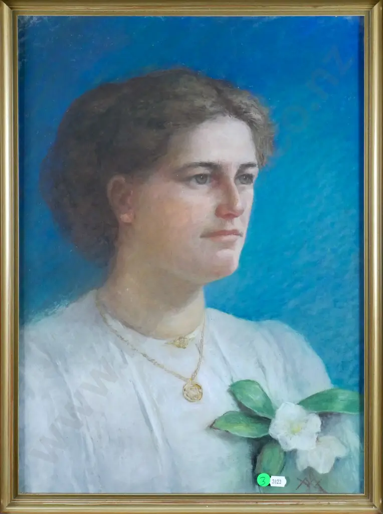 Frances Mary Wimperis - framed pastel - woman in white dress H-500 W-360 Image 1++