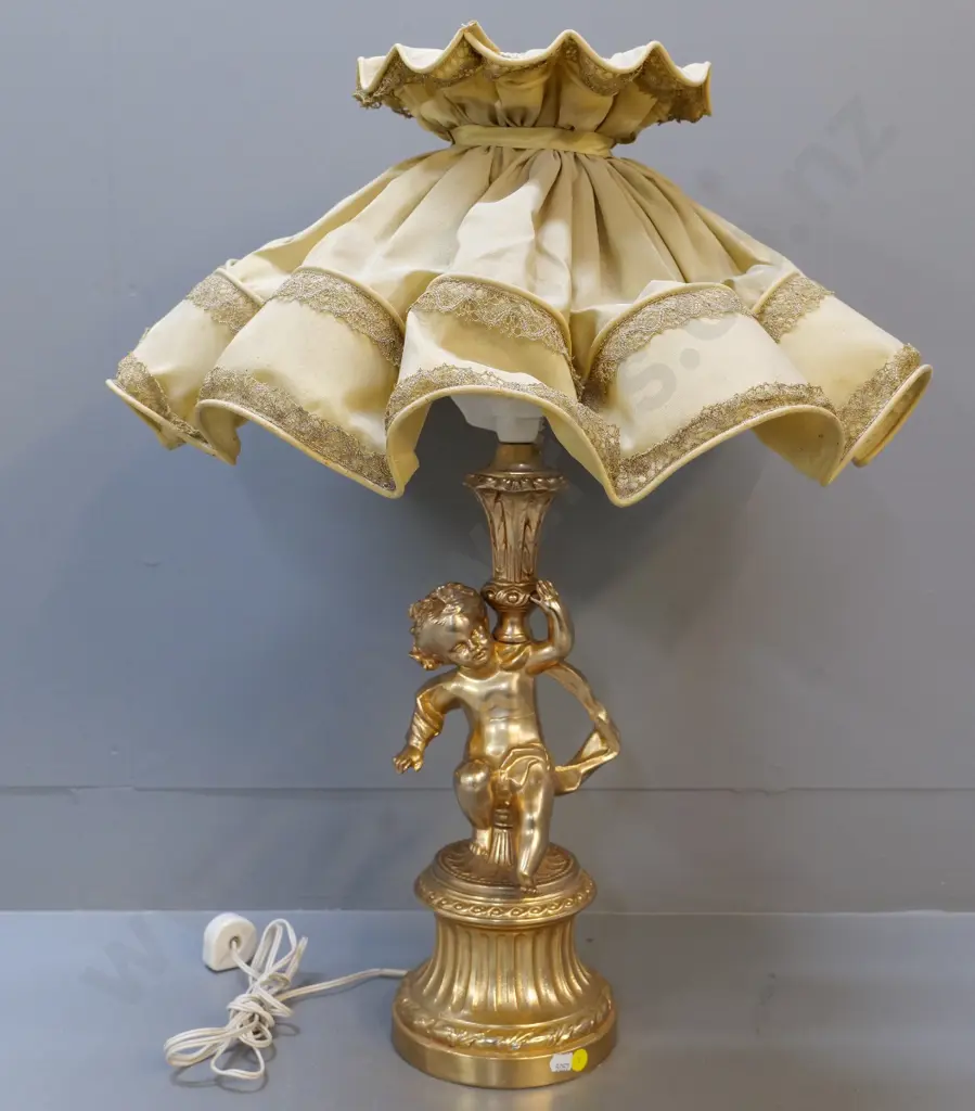 gilt finish cherub table lamp with elaborately frilled shade H-660 Image 1++