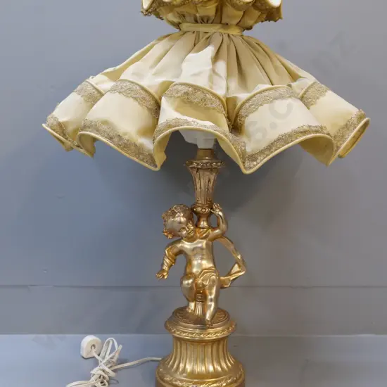 gilt finish cherub table lamp with elaborately frilled shade H-660