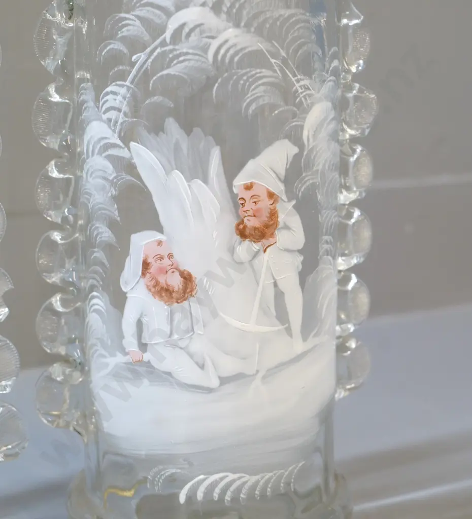 pair of large Mary Gregory vases with gnome decoration, frilled glass side pieces, some small rim chips H-250 Image 1++