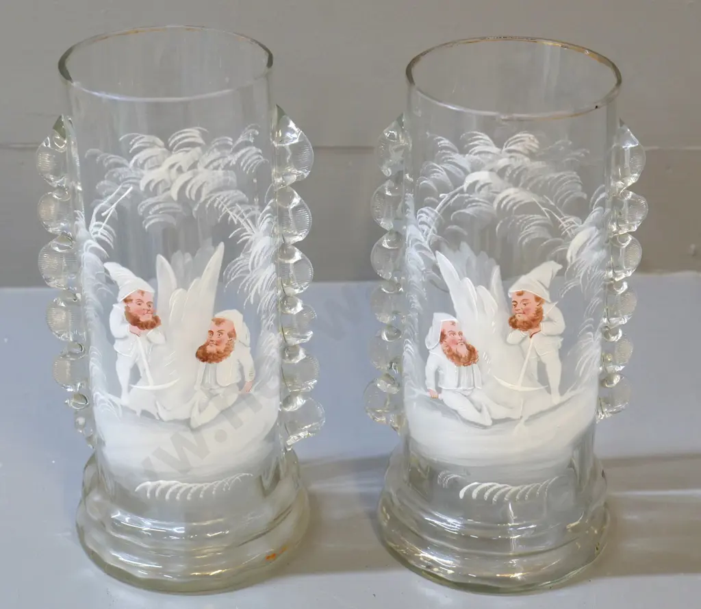 pair of large Mary Gregory vases with gnome decoration, frilled glass side pieces, some small rim chips H-250 Image 1++
