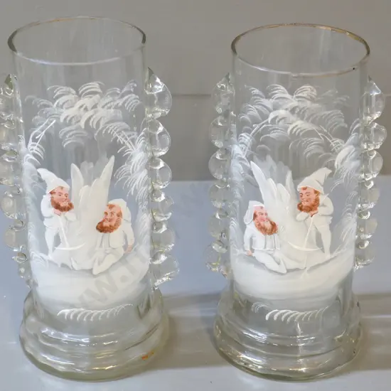 pair of large Mary Gregory vases with gnome decoration, frilled glass side pieces, some small rim chips H-250