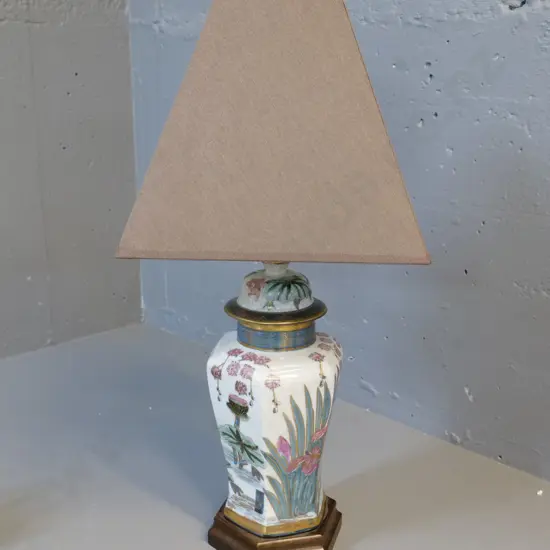 asian porcelain and wood table lamp base - cord cut off, needs rewiring - H560 with shade