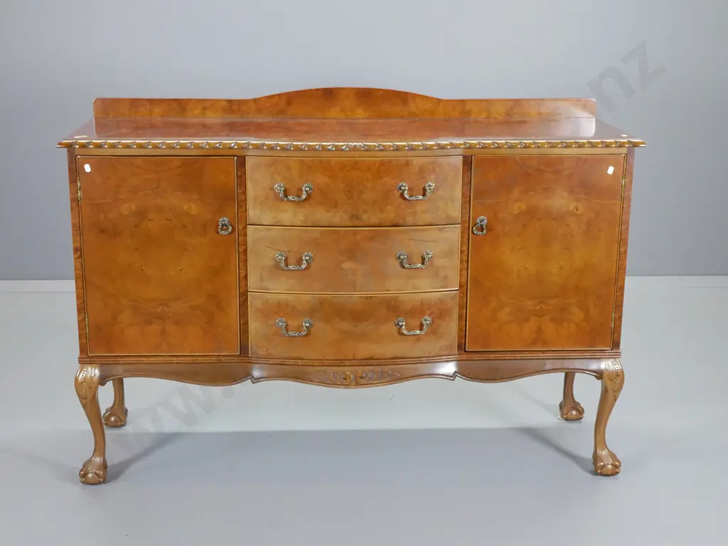 reproduction burr walnut sideboard w/ 3 drawers, one baize lined, 2 doors, ball & claw feet, rope edge H930 W1340 D450 Image 1++