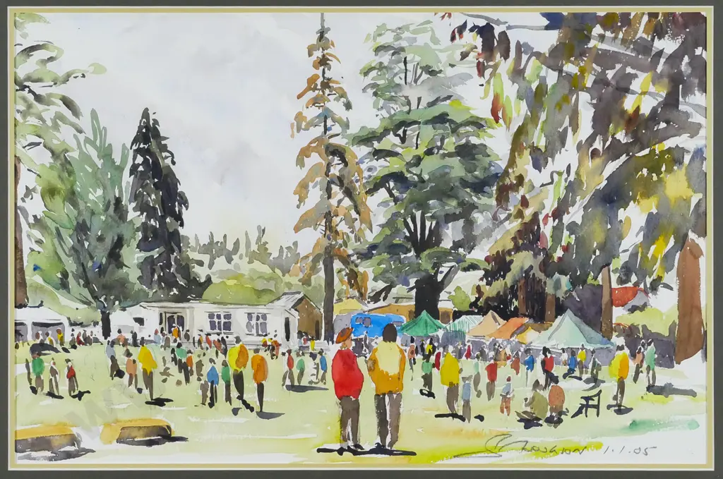 Hodgson '05 - framed watercolour - gathering  H-3540 W-530 Image 1++