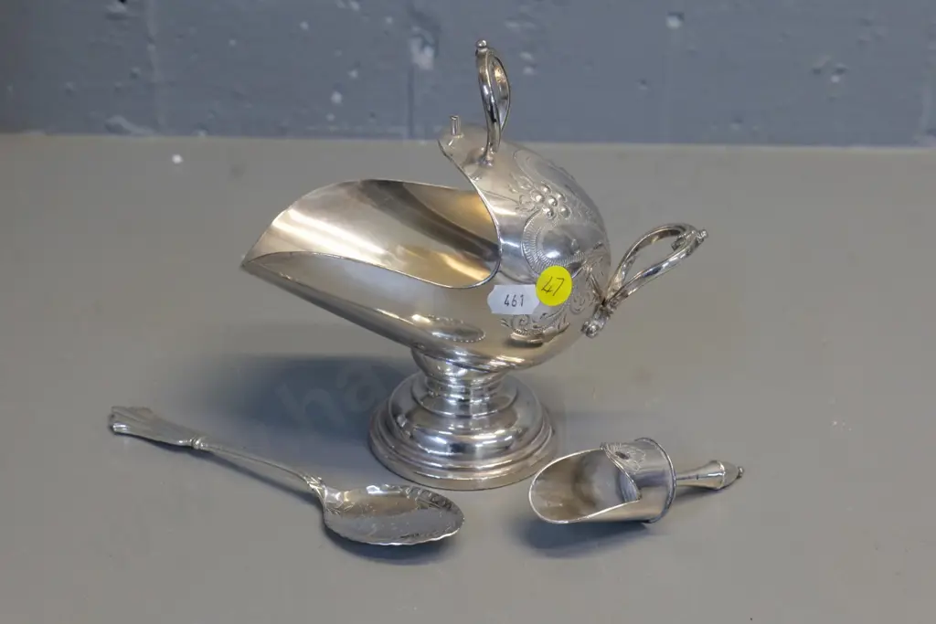 plated sugar scuttle with scoop H-170 and a spoon which may be sterling, unknown marks Image 1++