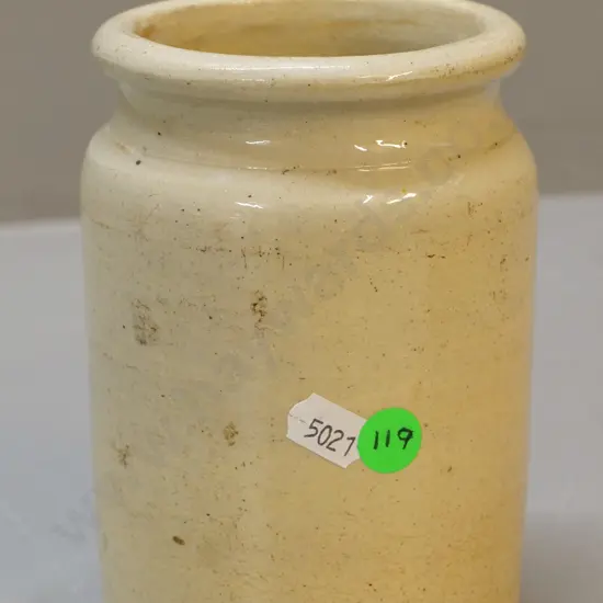 ceramic jam jar, stamped Milton Pottery, horse shoe mark, condition good, small chip to base,