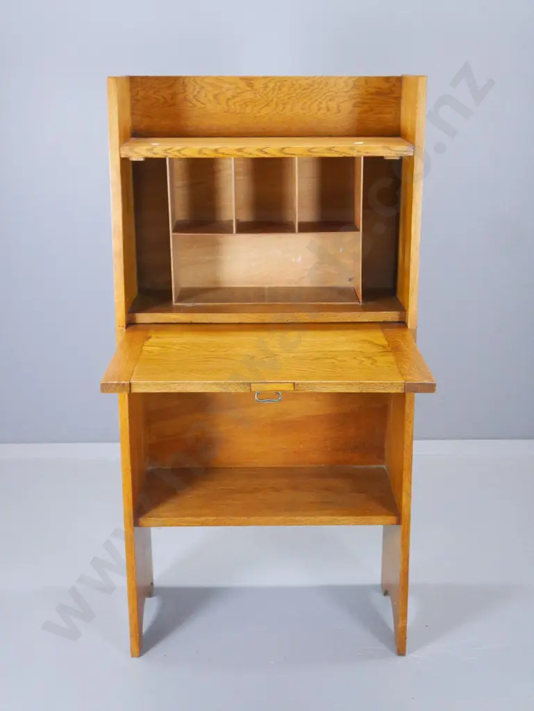 deco oak drop-front writing desk with bookcase base, pigeonholes inside, brass handle H1210 W600 D280 closed Image 1++