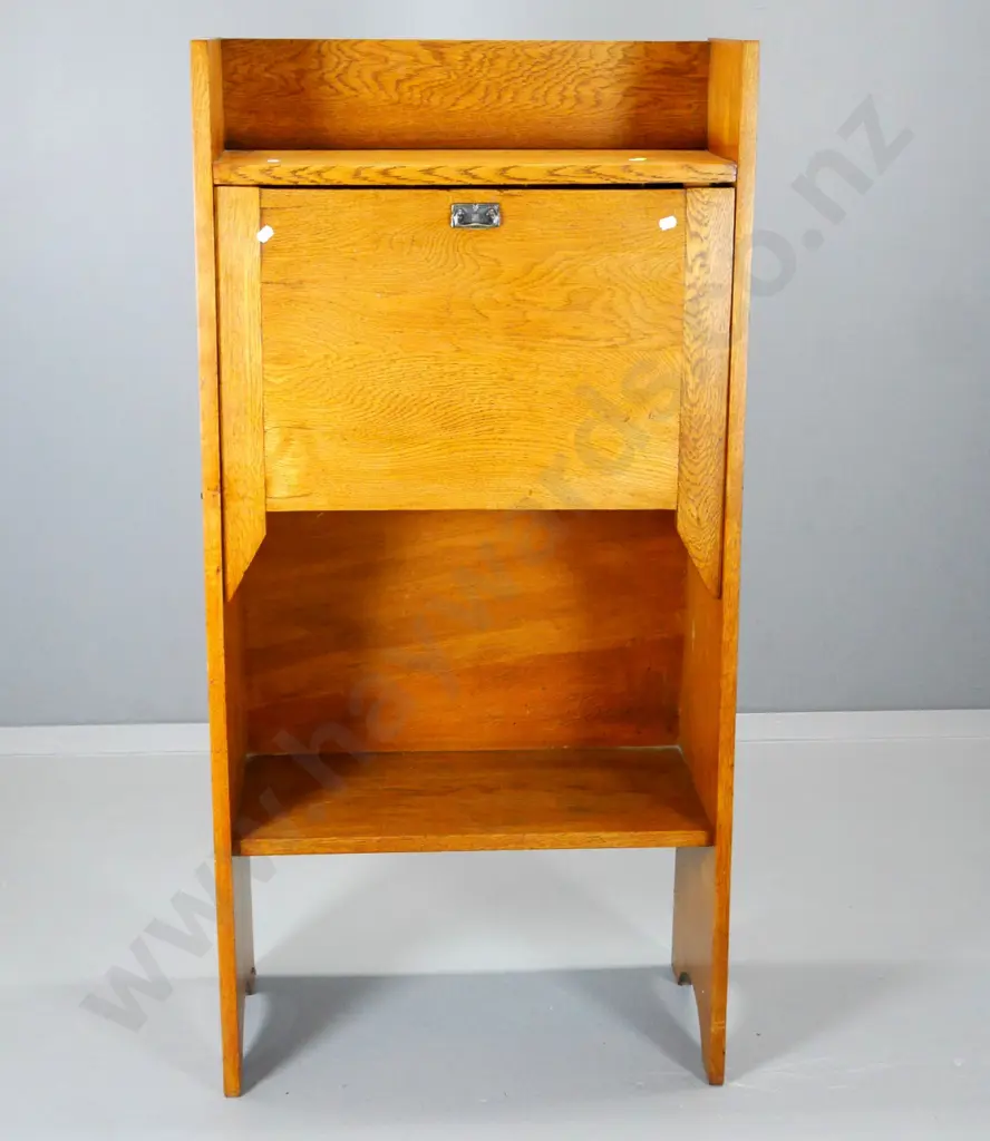 deco oak drop-front writing desk with bookcase base, pigeonholes inside, brass handle H1210 W600 D280 closed Image 1++