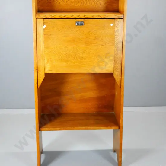 deco oak drop-front writing desk with bookcase base, pigeonholes inside, brass handle H1210 W600 D280 closed