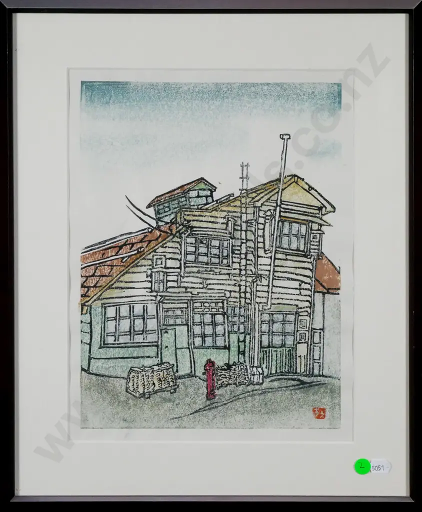 Japanese woodblock print - house (some warping to paper) H-290 W-220 Image 1++
