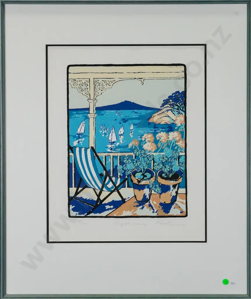 Karel Burrows - framed screenprint 59/120 "Rangitoto Evening" H-350 W-280 Image 1++