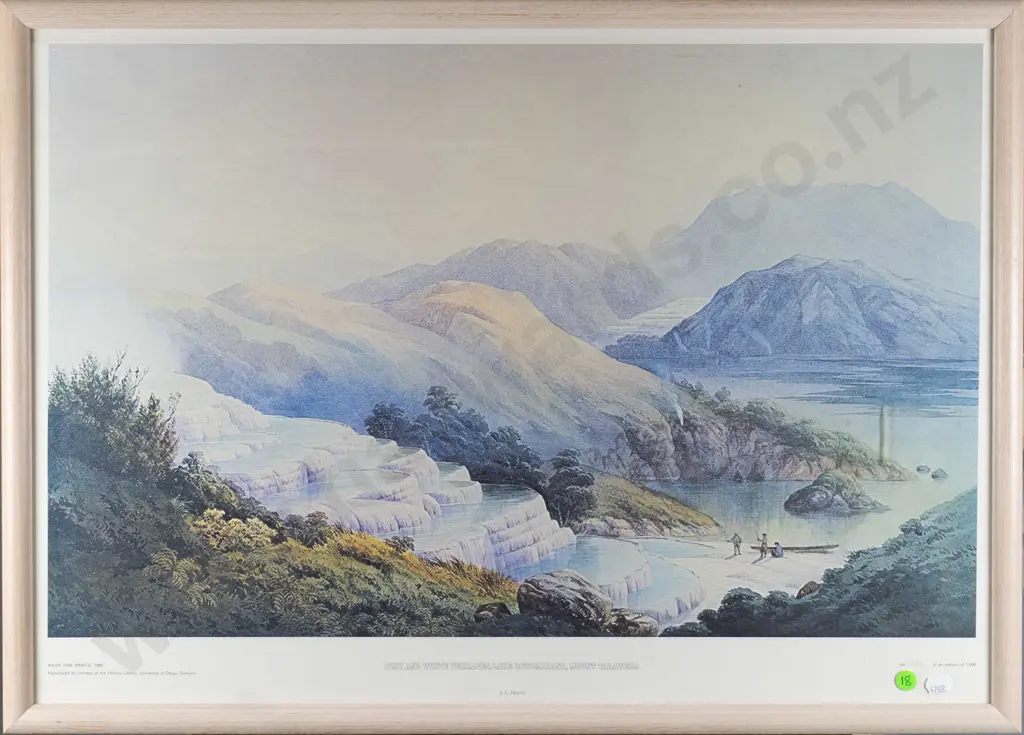 framed historic JC Hoyte print - Pink and White Terraces H-400 W-620 Image 1++