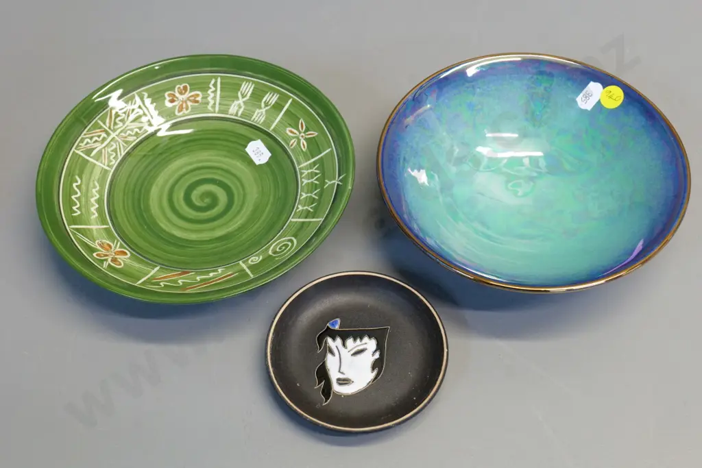 3 studio pottery items - Danny Moorwood lustre bowl, hand decorated green bowl D180, small German dish Image 1++