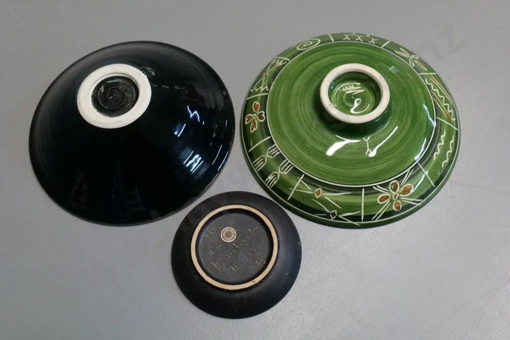 3 studio pottery items - Danny Moorwood lustre bowl, hand decorated green bowl D180, small German dish Image 1++