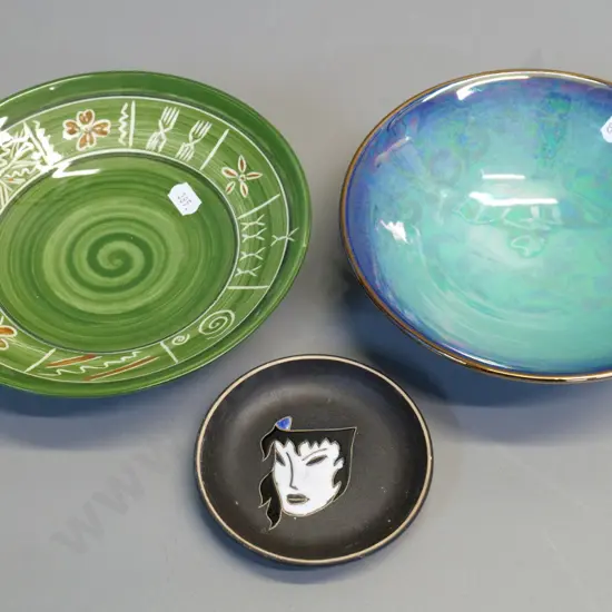 3 studio pottery items - Danny Moorwood lustre bowl, hand decorated green bowl D180, small German dish