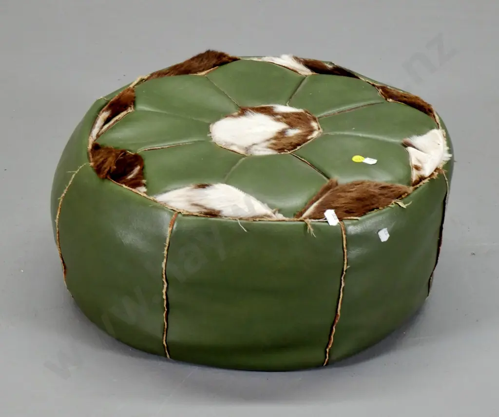 vinyl pouffe with calf skin inserts - wear to beading and cord, zip needs replacing or repair H-200 D-490 Image 1++