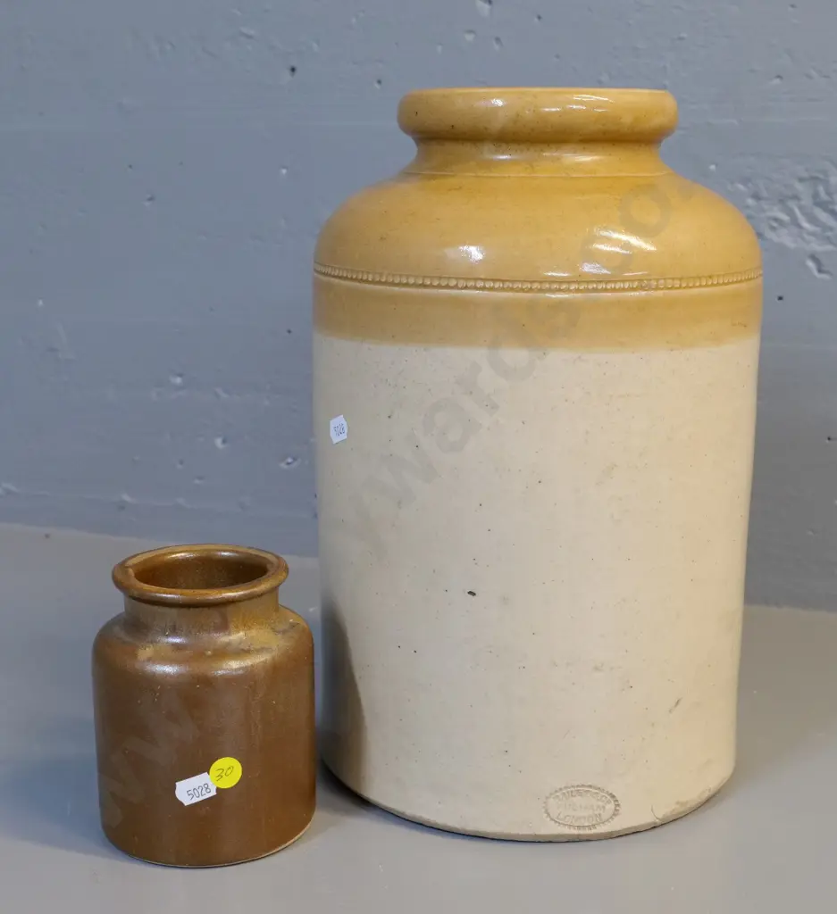 large stoneware crock stamped Bailey & Co Fulham London H-350 and smaller with no markings Image 1++