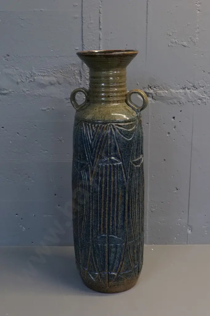 Lawson Fraser large studio pottery incised pattern double handled urn vase H-690 D-200 at widest Image 1++