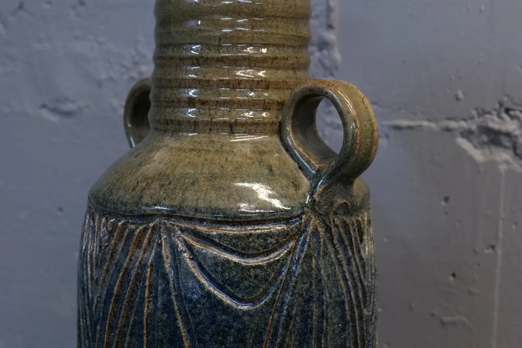 Lawson Fraser large studio pottery incised pattern double handled urn vase H-690 D-200 at widest Image 1++
