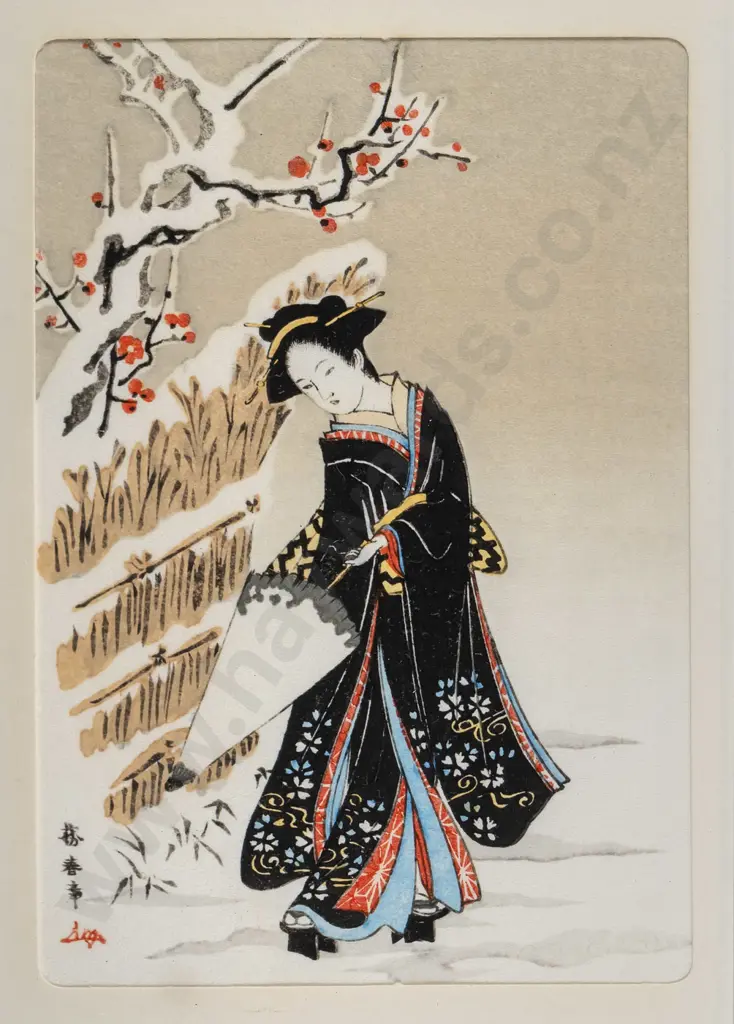 framed Japanese woodblock print - women with umbrella H-140 W-100 Image 1++