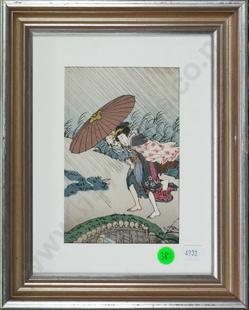 framed Japanese woodblock print - woman and umbrella H-140 W-90 Image 1++