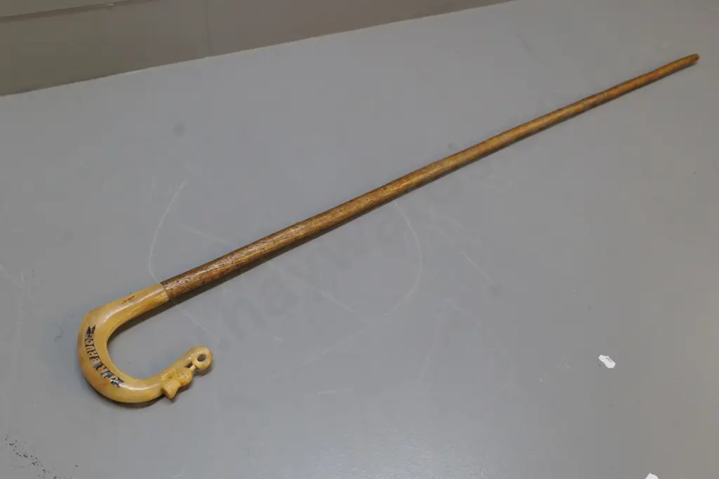 walking stick with carved bone crook shaped Scotch thistle motif handle marked J.R. Bruce L-1130 Image 1++